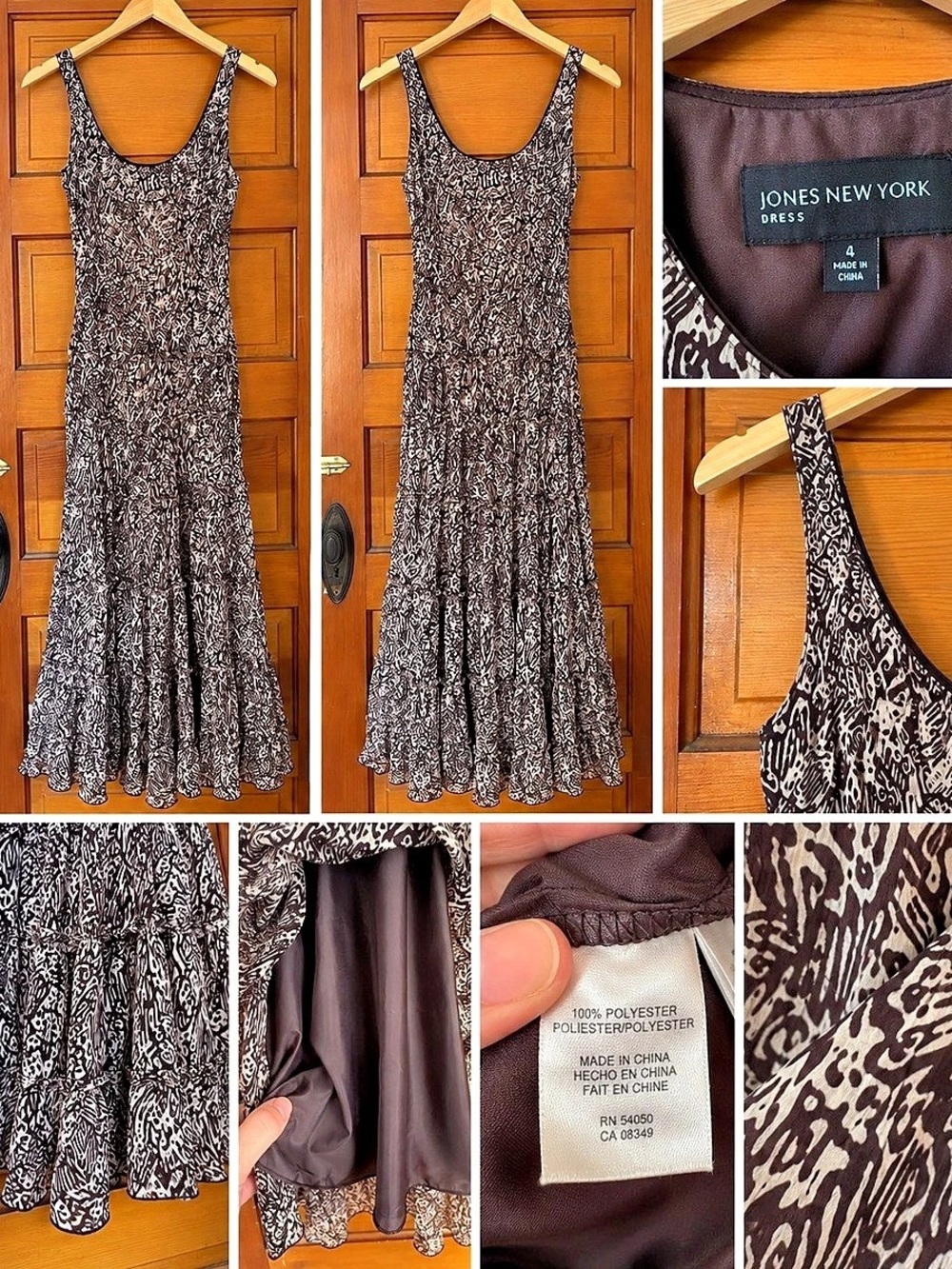Jones New York Brown Abstract Print Tiered Maxi Dress Size 4